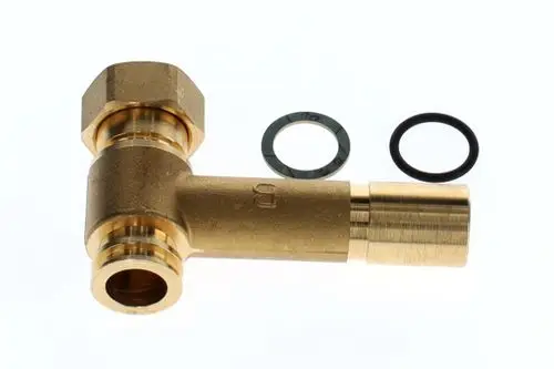 Bosch Rücklauf T-Stück aus Messing mit zwei Anschlussstutzen und einer Dichtung, geeignet für Rohrsysteme.